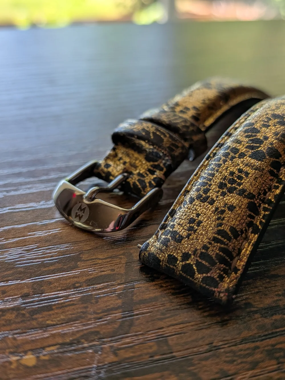 Michele Leather Watch Band In Black And Gold Lace Design